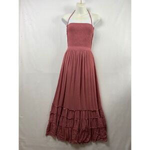 R.Vivimos Smocked Maxi Dress Womens L Dusty Rose Halter Tiered Ruffle Goddess